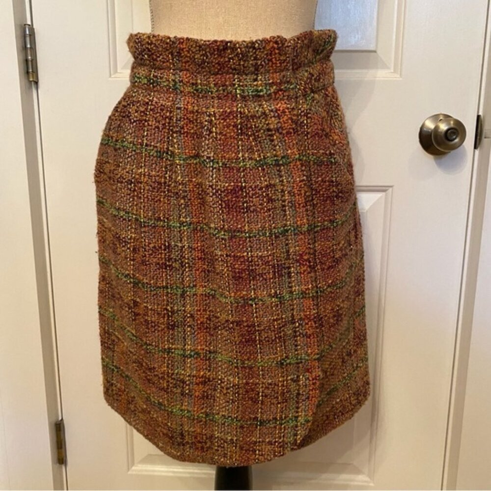 ODILLE ANTHROPOLOGIE SKIRT MULTI COLOR TWEED BROWN RED GREEN POCKETS SIZE 8